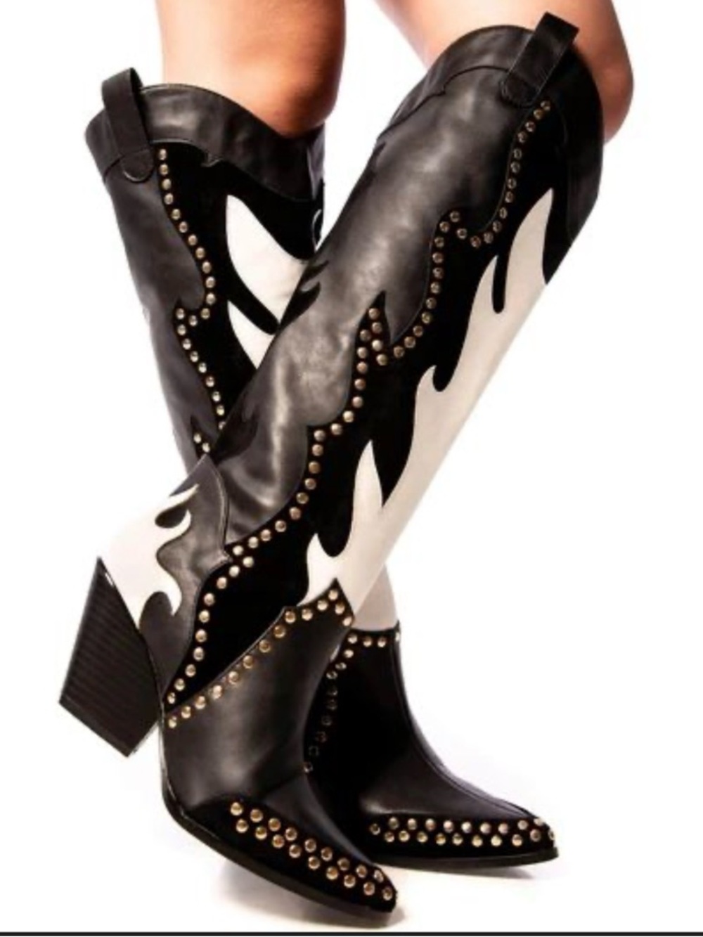 Studded Black and White Knee-High Western Boots